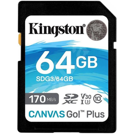 Kingston 64GB SDXC Canvas Go Plus 170R C10 UHS-I U3 V30 A-SDG3/64GB