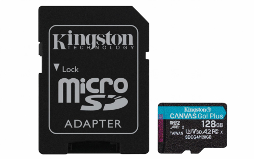 Kingston Technology 128GB microSDXC Canvas Go Plus Gen4 Up to 200MB/s Read A2 U3 V30 Card + SD Adapter