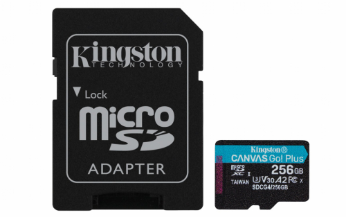 Kingston Technology 256GB microSDXC Canvas Go Plus Gen4 Read 200MB/s Write 160MB/s A2 U3 V30 Card + SD Adapter
