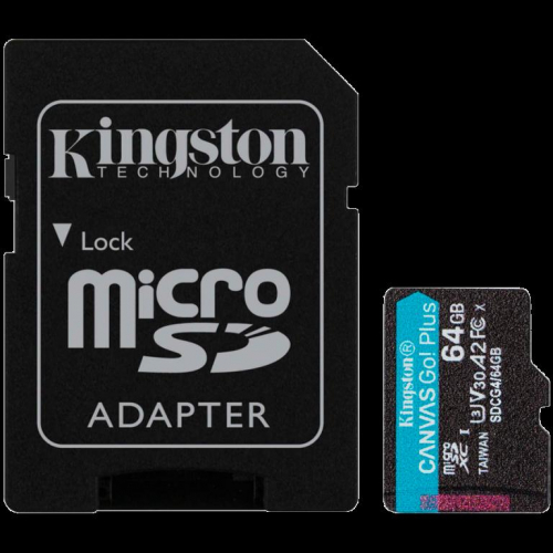 KINGSTON 64GB microSDXC Canvas Go Plus Gen4 200MB/s A2 U3 V30 Card + Adapter A-SDCG4/64GB
