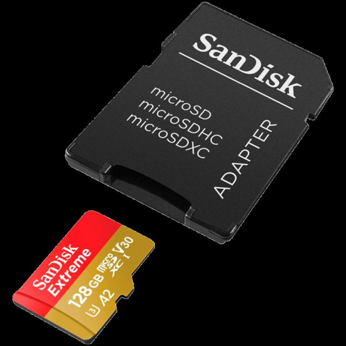 SanDisk Extreme microSDXC 128GB for Action Cams and Drones + SD Adapter + 1 year RescuePRO Deluxe up to 190MB/s & 90MB/s Read/Write speeds A2 C10 V30 UHS-I U3