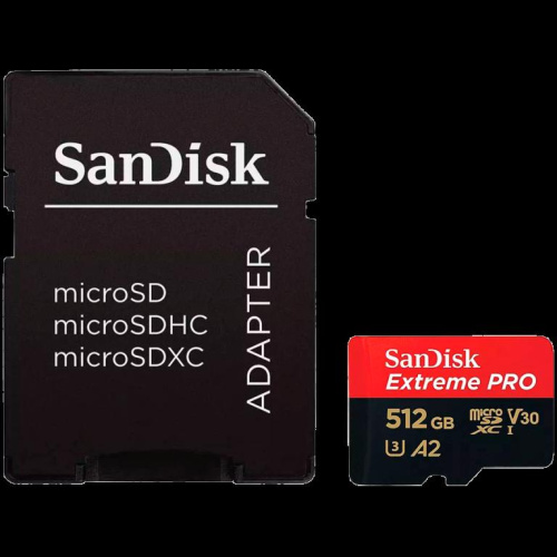 SanDisk Extreme PRO microSDXC 512GB + SD Adapter + 2 years RescuePRO Deluxe up to 200MB/s & 140MB/s Read/Write speeds A2 C10 V30 UHS-I U3