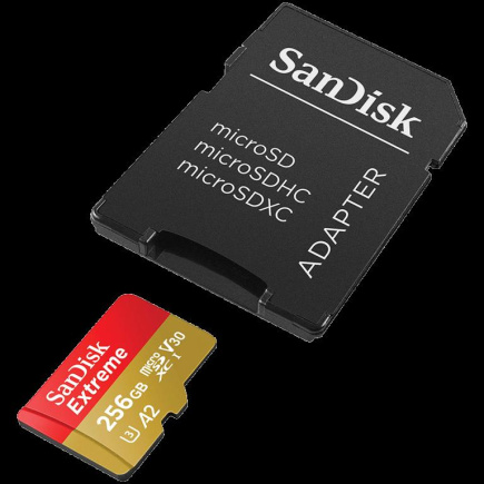 SanDisk Extreme microSDXC 256GB + SD Adapter + 1 year RescuePRO Deluxe up to 190MB/s & 130MB/s Read/Write speeds A2 C10 V30 UHS-I U3