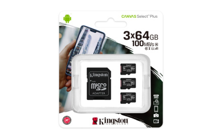 Kingston Canvas Select Plus - Flash memory card (microSDXC to SD adapter included) - 64 GB - Read Up to 100 MB/s - microSDXC UHS-I (pack of 3) 
