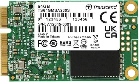 SSD|TRANSCEND|64GB|mSATA|SATA 3.0|3D NAND|Write speed 200 MBytes/sec|Read speed 350 MBytes/sec|TBW 35 TB|MTBF 200000 hours|TS64GMSA230S