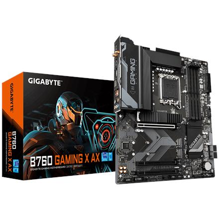 Gigabyte | B760 GAMING X AX 1.1 M/B | Processor family Intel | Processor socket  LGA1700 | DDR5 DIMM | Memory slots 4 | Supported hard disk drive interfaces 	SATA, M.2 | Number of SATA connectors 4 | Chipset Intel B760 Express | ATX