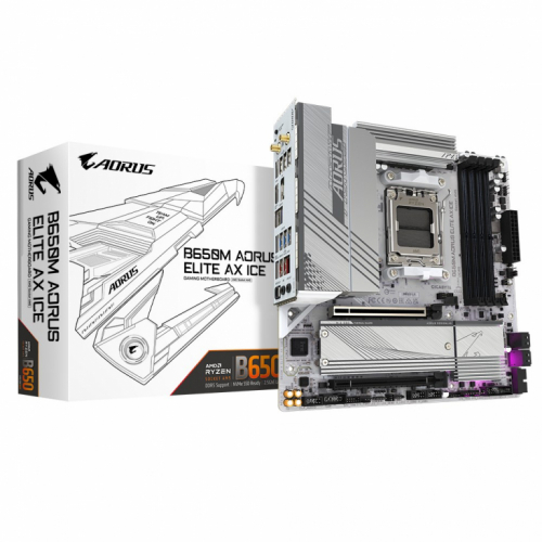 Gigabyte B650M AORUS ELITE AX ICE Emaplaat - Supports AMD Ryzen 8000 CPUs, 12+2+2 Phases Digital VRM, up to 8000MHz DDR5 (OC), 1xPCIe 5.0 + 1xPCIe 4.0 M.2, Wi-Fi 6E, 2.5GbE LAN, USB 3.2 Gen 2