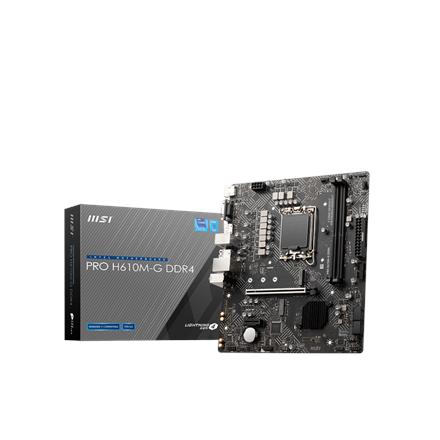 MSI | PRO H610M-G DDR4 | Processor family Intel | Processor socket  LGA1700 | DDR4 DIMM | Memory slots 2 | Supported hard disk drive interfaces 	SATA, M.2 | Number of SATA connectors 4 | Chipset Intel H610 | M-ATX