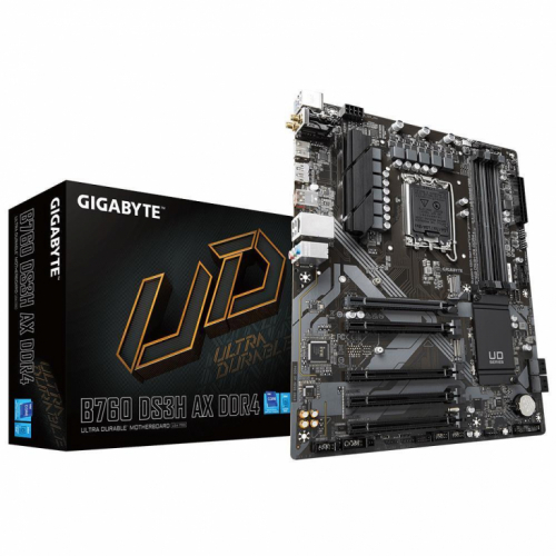 Mainboard|GIGABYTE|Intel B760 Express|LGA1700|ATX|Memory DDR4|Memory slots 4|4xPCI-Express 3.0 1x|1xPCI-Express 4.0 16x|2xM.2|1xHDMI|1xDisplayPort|2xAudio-In|1xAudio-Out|4xUSB 2.0|1xUSB 3.2|1xUSB-C|1xPS/2|1xRJ45|2xRF-Out|B760DS3HAXDDR41.2