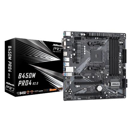 ASRock B450M PRO4 R2.0 | Processor family AMD | Processor socket AM4 | DDR4 | Supported hard disk drive interfaces SATA, M.2 | Number of SATA connectors 4