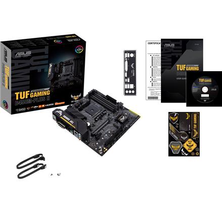 Asus | TUF GAMING B450M-PLUS II | Processor family AMD | Processor socket AM4 | DDR4 | Memory slots 4 | Number of SATA connectors 6 x SATA III | Chipset AMD B | Micro ATX