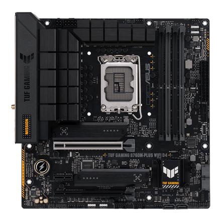 Asus | TUF GAMING B760M-PLUS WIFI D4 | Processor family Intel | Processor socket  LGA1700 | DDR4 DIMM | Memory slots 4 | Supported hard disk drive interfaces 	SATA, M.2 | Number of SATA connectors 4 | Chipset  Intel B760 | mATX