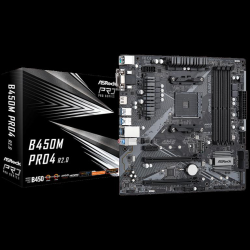 ASROCK Main Board Desktop B450M PRO4 (AM4, 4xDDR4, 1x PCIe 3.0 x16, 1x PCIe 2.0 x16, 1x PCIe 2.0 x1, 4x SATA III, RAID 0,1,10, 1x Ultra M.2 PCIe Gen3 x4, 1x M.2 SATA3, 1x COM Port header, 8x USB 3.0, GLAN, VGA, HDMI, DVI) mATX, Retail