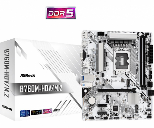 Mainboard|ASROCK|Intel B760 Express|LGA1700|Micro-ATX|Memory DDR5|Memory slots 2|2xPCI-Express 3.0 1x|1xPCI-Express 4.0 16x|1xM.2|1x15pin D-sub|1xHDMI|1xDisplayPort|1xAV-In|1xAV-out|1xMicrophone|2xUSB 2.0|3xUSB 3.2|1xUSB-C|1xRJ45|B760M-HDV/M.2