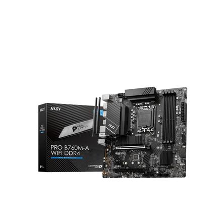 MSI | PRO B760M-A WIFI | Processor family Intel | Processor socket  LGA1700 | Memory slots 4 | Supported hard disk drive interfaces 	SATA, M.2 | Number of SATA connectors 4 | Chipset Intel B760 | mATX