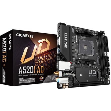 Gigabyte | A520I AC | Processor family AMD | Processor socket AM4 | DDR4 DIMM | Memory slots 2 | Number of SATA connectors 4 | Chipset AMD A | Mini ITX