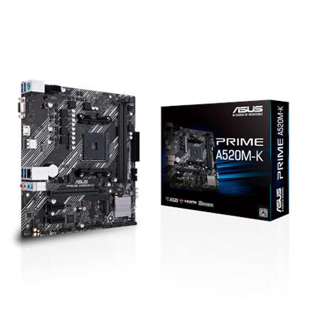 Asus | PRIME A520M-K | Processor family AMD | Processor socket AM4 | DDR4 | Memory slots 2 | Supported hard disk drive interfaces M.2, SATA | Number of SATA connectors 4 | Chipset AMD A | Micro ATX