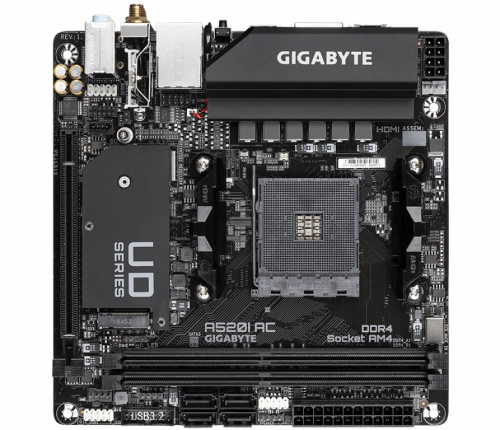 GIGABYTE A520I AC Emaplaat - Supports AMD Ryzen 5000 Series AM4 CPUs, 6 Phases Digital VRM, up to 5300MHz DDR4 (OC), 1xPCIe 3.0 M.2, WIFI, GbE LAN, USB 3.2 Gen1