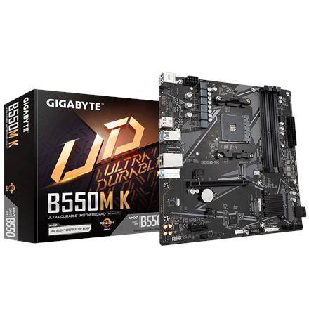 Gigabyte | B550M K 1.0 M/B | Processor family AMD | Processor socket AM4 | DDR4 DIMM | Memory slots 4 | Supported hard disk drive interfaces 	SATA, M.2 | Number of SATA connectors 4 | Chipset AMD B550 | Micro ATX