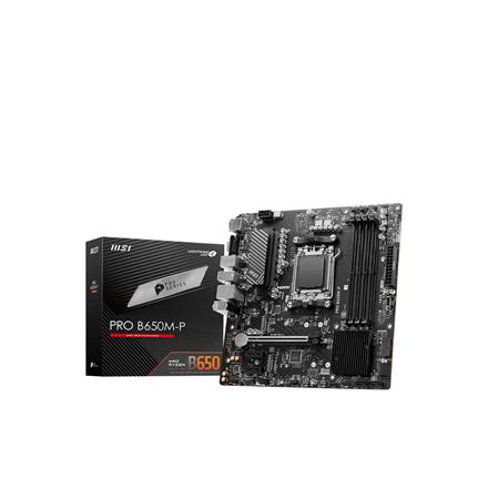 MSI | PRO B650M-P | Processor family AMD | Processor socket AM5 | DDR5 | Memory slots 4 | Supported hard disk drive interfaces 	SATA, M.2 | Number of SATA connectors 4 | Chipset AMD B650 | mATX