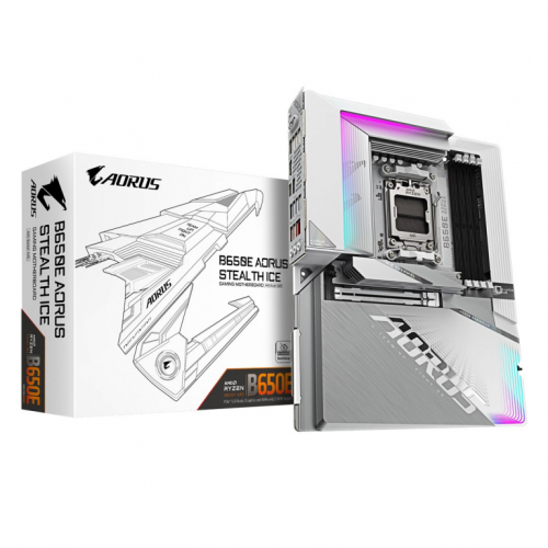 GIGABYTE B650E AORUS STEALTH ICE Emaplaat - AMD Ryzen 9000 Series CPUs, 12+2+2 Phases VRM, up to 8000MHz DDR5 (OC), 1xPCIe 5.0 + 2xPCIe 4.0 M.2, 2.5GbE LAN, WIFI 7, USB 3.2 Gen 2x2