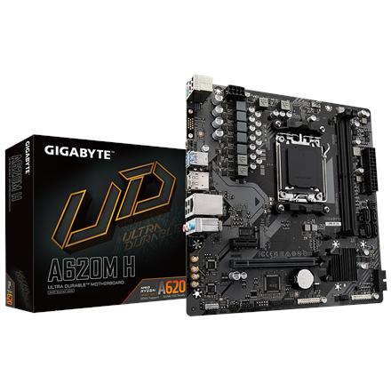 Gigabyte | A620M H 1.0 M/B | Processor family AMD | Processor socket AM5 | DDR5 DIMM | Memory slots 2 | Supported hard disk drive interfaces SATA, M.2 | Number of SATA connectors 4 | Chipset AMD A620 | Micro ATX