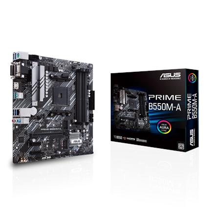 Asus | PRIME B550M-A | Processor family AMD | Processor socket AM4 | DDR4 | Memory slots 4 | Supported hard disk drive interfaces M.2, SATA | Number of SATA connectors 4 | Chipset AMD B | Micro ATX