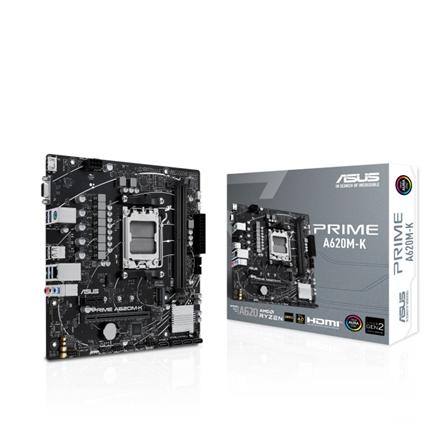 Asus | PRIME A620M-K | Processor family AMD | Processor socket AM5 | DDR5 DIMM | Memory slots 2 | Supported hard disk drive interfaces 	SATA, M.2 | Number of SATA connectors 4 | Chipset AMD A620 | micro-ATX