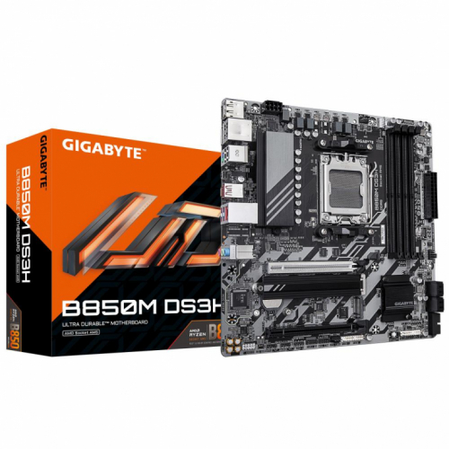 Mainboard|GIGABYTE|AMD B850|SAM5|Micro-ATX|Memory DDR5|Memory slots 4|1xPCI-Express 3.0 4x|1xPCI-Express 5.0 16x|2xM.2|1xHDMI|2xDisplayPort|4xUSB 2.0|2xUSB 3.2 type B|1xUSB 3.2|1xUSB-C|1xPS/2|1xRJ45|3xAudio port|B850MDS3H