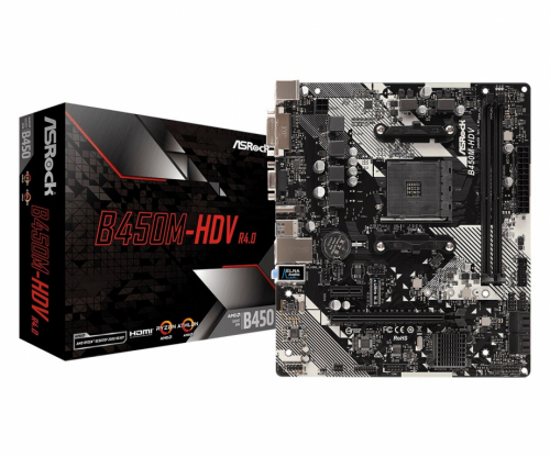 ASRock Motherboard B450M-HDV R4.0 AM4 2DDR4 VGA/DVI/HDMI/M.2 uATX