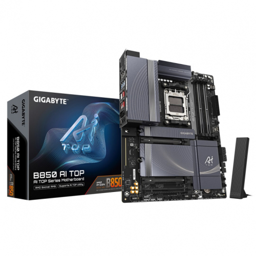 GIGABYTE B850 AI TOP Motherboard - AMD Ryzen 9000 Series CPUs, 16+2+2 Phases Digital VRM, up to 8600MHz DDR5 (OC), 2xPCIe 5.0 + 1xPCIe 4.0 M.2, 10 LAN, WIFI 7, USB 3.2 Gen 2x2