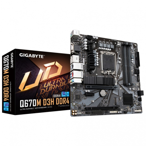 GIGABYTE Q670M D3H DDR4 Emaplaat - Supports Intel Core 14th CPUs, 6+1+1 Phases Hybrid Digital VRM, up to 5333MHz DDR4 (OC), 2xPCIe 4.0 M.2, 2.5GbE LAN, USB 3.2 Gen 2
