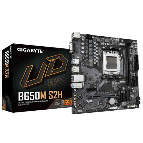 Mainboard|GIGABYTE|AMD B650|SAM5|Micro-ATX|Memory DDR5|Memory slots 2|1xPCI-Express 3.0 1x|1xPCI-Express 4.0 4x	|1xPCI-Express 4.0 8x|1xPCI-Express 4.0 16x|1xM.2|1x15pin D-sub|1xHDMI|1xDisplayPort|4xUSB 2.0|2xUSB 3.2|1xPS/2|1xRJ45|3xAudio port|B650MS2H1.3