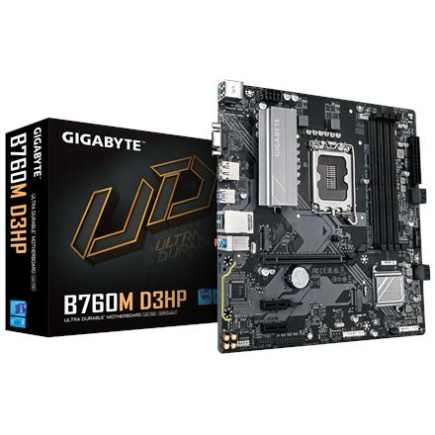 Gigabyte B760M D3HP | Processor family Intel | Processor socket LGA1700 | DDR5 | Supported hard disk drive interfaces M.2, SATA | Number of SATA connectors 4