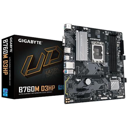 Gigabyte B760M D3HP | Processor family Intel | Processor socket LGA1700 | DDR5 | Supported hard disk drive interfaces M.2, SATA | Number of SATA connectors 4