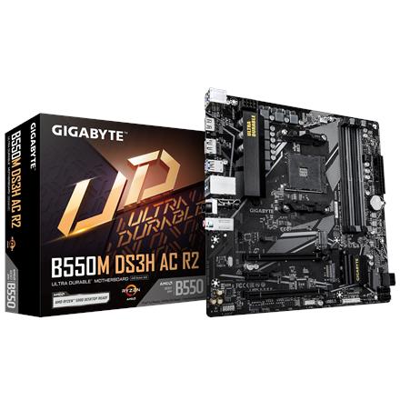 Gigabyte B550M DS3H AC R2 | Processor family AMD | Processor socket AM4 | DDR4 DIMM | Supported hard disk drive interfaces SATA, M.2 | Number of SATA connectors 4