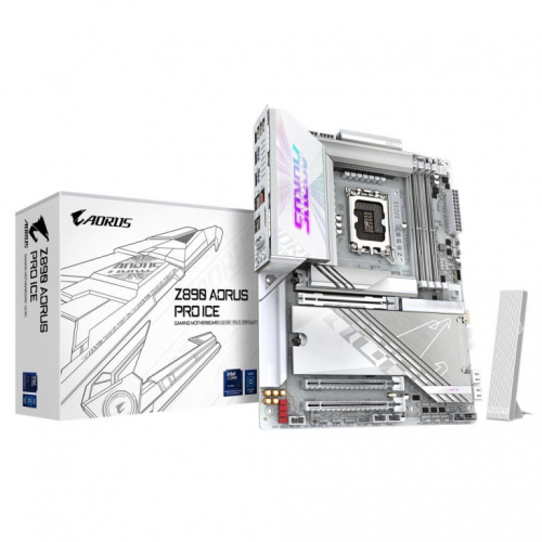 GIGABYTE Z890 AORUS PRO ICE Emaplaat - Supports Intel Core Ultra (Series 2) CPUs, 16+1+2 phases VRM, up to 9500MHz DDR5 (OC), 1xPCIe 5.0 + 4xPCIe 4.0, Wi-Fi 7, 5GbE LAN, Thunderbolt 4