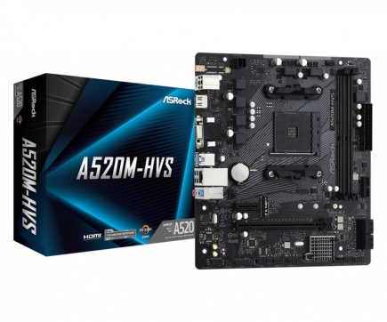 Mainboard|ASROCK|AMD A520|SAM4|Micro-ATX|Memory DDR4|Memory slots 2|1xPCI-Express 3.0 1x|1xPCI-Express 3.0 16x|1xM.2|1x15pin D-sub|1xHDMI|2xAudio-In|1xAudio-Out|2xUSB 2.0|4xUSB 3.2|1xPS/2|1xRJ45|A520M-HVS