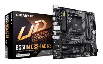 GIGABYTE B550M DS3H AC R2 Emaplaat - AMD Ryzen 5000 CPUs, 5+3 Phases VRM, up to 4733MHz DDR4 (O.C.), 1xPCIe 4.0 + 1xPCIe 3.0 M.2, Wi-Fi 5, 1GbE LAN, USB 3.2 Gen 1