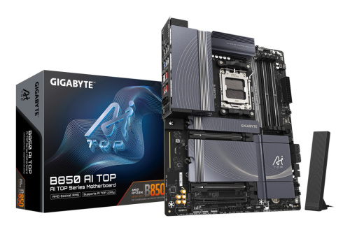 GIGABYTE B850 AI TOP Emaplaat - AMD Ryzen 9000 Series CPUs, 16+2+2 Phases Digital VRM, up to 8600MHz DDR5 (OC), 2xPCIe 5.0 + 1xPCIe 4.0 M.2, 10 LAN, WIFI 7, USB 3.2 Gen 2x2