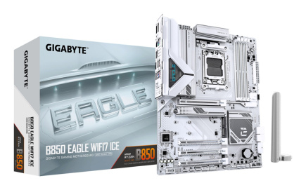 GIGABYTE B850 EAGLE WIFI7 ICE Emaplaat - AMD Ryzen 9000 Series CPUs, 8+2+2 Phases Digital VRM, up to 8200MHz DDR5 (OC), 1xPCIe 5.0 + 2xPCIe 4.0 M.2, WIFI 7, 2.5 GbE LAN, USB 3.2 Gen 2