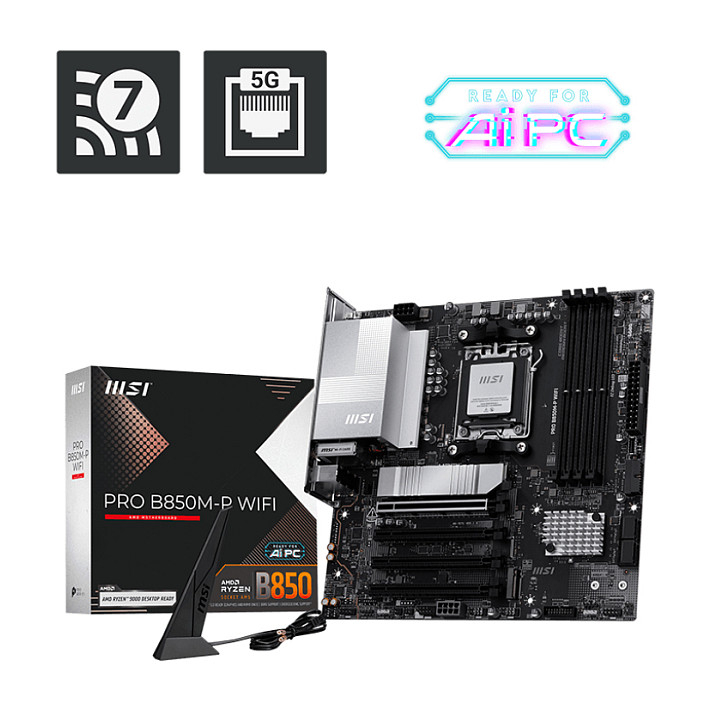 Tootefoto - MSI PRO B850M-P WIFI | Processor family AMD B850 | Processor socket AM5 | DDR5 | Supported hard disk drive interfaces SATA, M.2 | Number of SATA connectors 4